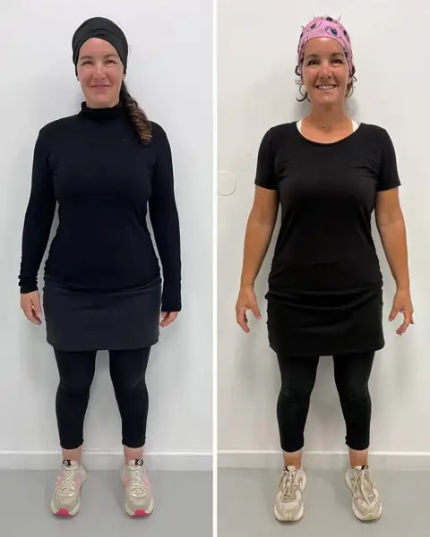 2 instantanés d’une même membre du club Centre Nutri-Form, pris de face, l’un avant et l’autre après