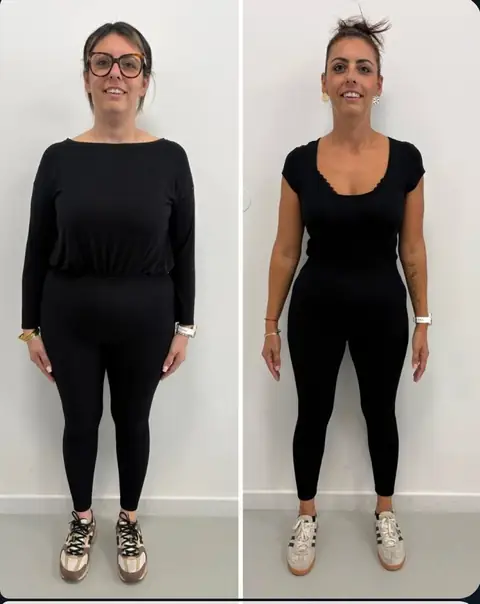 2 instantanés d’une même membre du club Centre Nutri-Form, pris de face, l’un avant et l’autre après